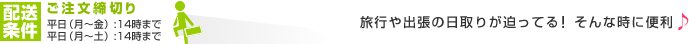 配送条件 ご注文締切り 平日（月～金）:14時まで 旅行や出張の日取りが迫ってる！ そんな時に便利♪